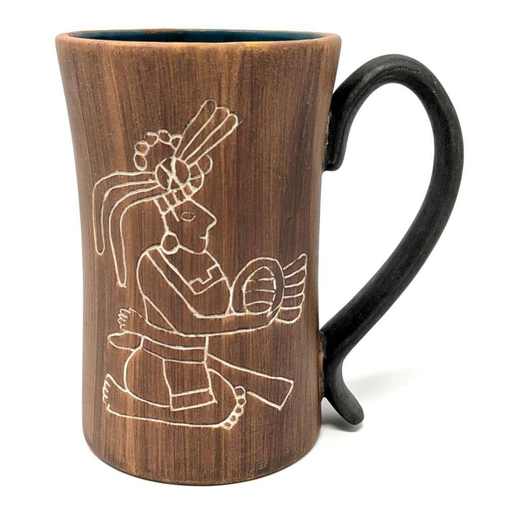 Vtg Leopoldo Pottery Terracotta Red Clay Mug | Mayan Figure, Mexican Folk Art